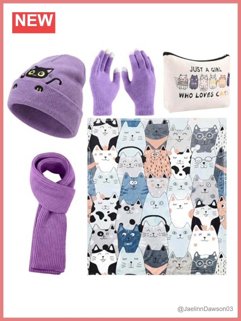 Winter Cat Gift Set Hat Scarf Touchscreen Gloves Blanket Cosmetic Bag